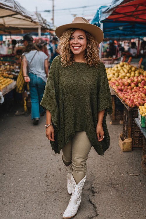 A plus-size woman over 30 wears skinny jeans, a deep green knit poncho, a felt hat, and pearl-stitched white cowboy boots