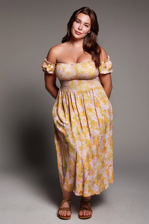 A mid-size woman in a smocked maxi dress with short sleeves and flat sandals, styled for a relaxed but polished summer look, simple studio background