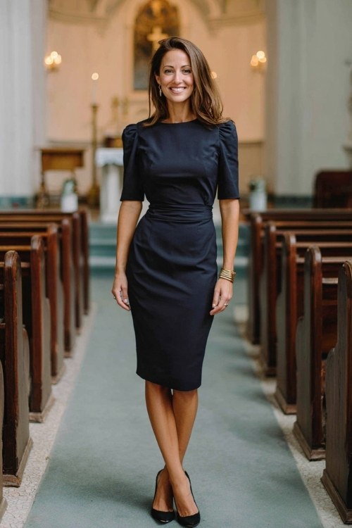 A woman over 40 wears a navy pencil dress with three-quarter sleeves and minimal jewelry