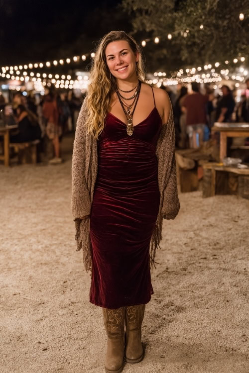 A curvy woman in a velvet burgundy maxi dress styled with a long knit shawl, suede cowboy boots, and layered necklaces under string lights at a country concert