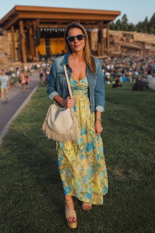 A woman over 40 wears a breezy yellow floral dress layered with a denim jacket and sandals for outdoor summer concerts