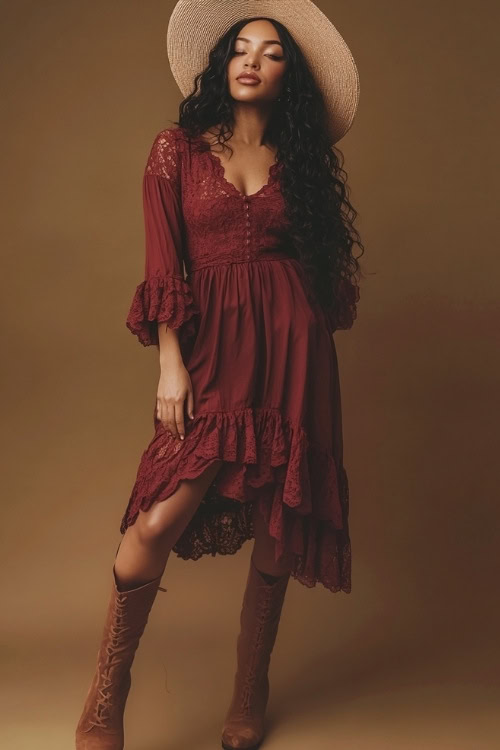 A tall woman wearing a midi-length burgundy dress with lace details, long sleeves, and a ruffled hem. She pairs the outfit with brown ankle boots and a wide-brim hat