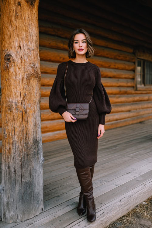A woman wears a chocolate brown knit midi dress with balloon sleeves, paired with knee-high boots and a crossbody bag, posing outside a rustic wooden lodge hosting a November wedding
