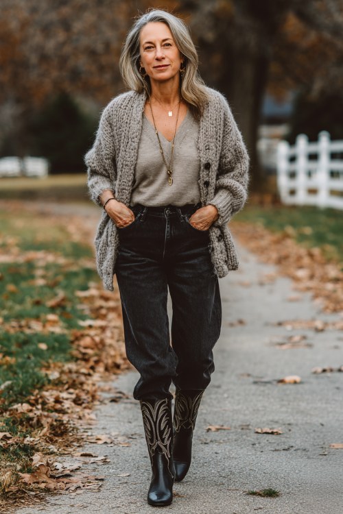 A woman over 50 wears straight-leg jeans, black pointed-toe cowboy boots, and a cozy gray cardigan