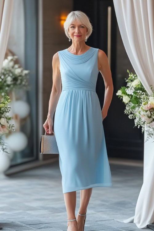 A stylish woman over 40 in a pastel blue midi dress with an illusion neckline and fitted waist, holding a small clutch while standing near a wedding venue s entrance