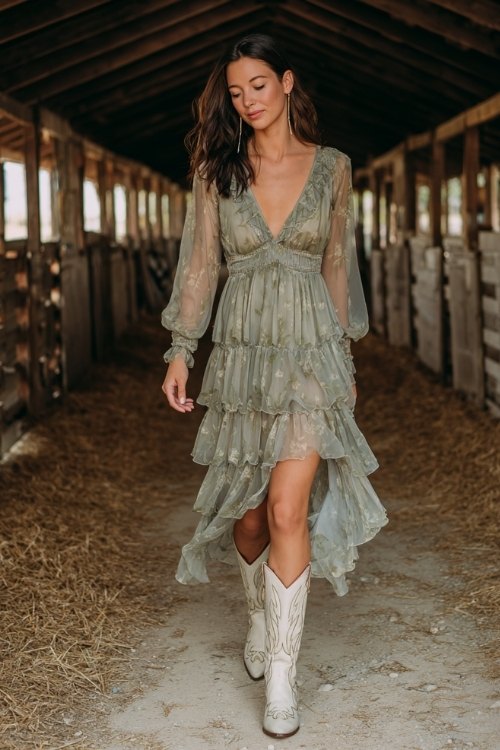 A petite woman in a sage green layered chiffon maxi dress with a sheer floral overlay and ruffled hem, paired with embroidered ivory cowboy boots