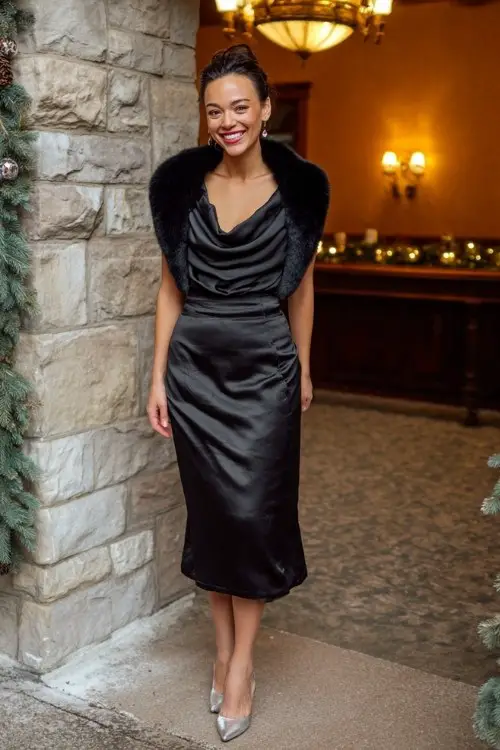 A woman wears a black satin midi dress with a draped cowl neckline, layered with a faux fur bolero and silver heels