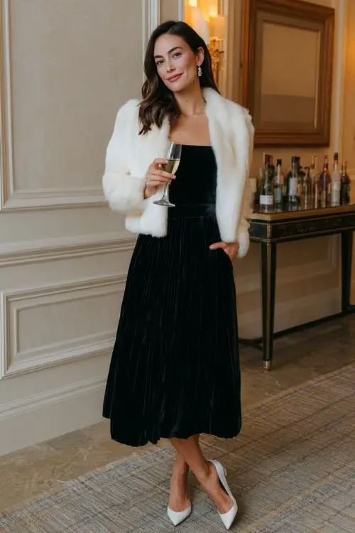 A woman wears a sleeveless black midi dress with a pleated skirt and velvet waistband, topped with a white faux fur cropped jacket and pearl heels