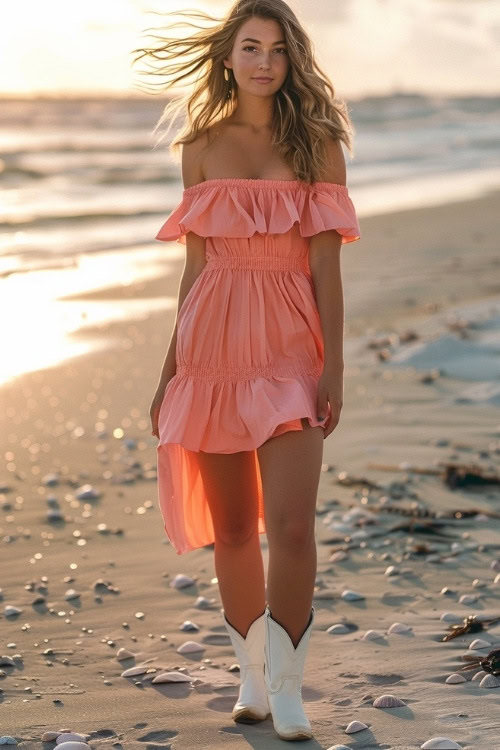 A woman wears white cowboy boots with an off-shoulder pink dress (2)