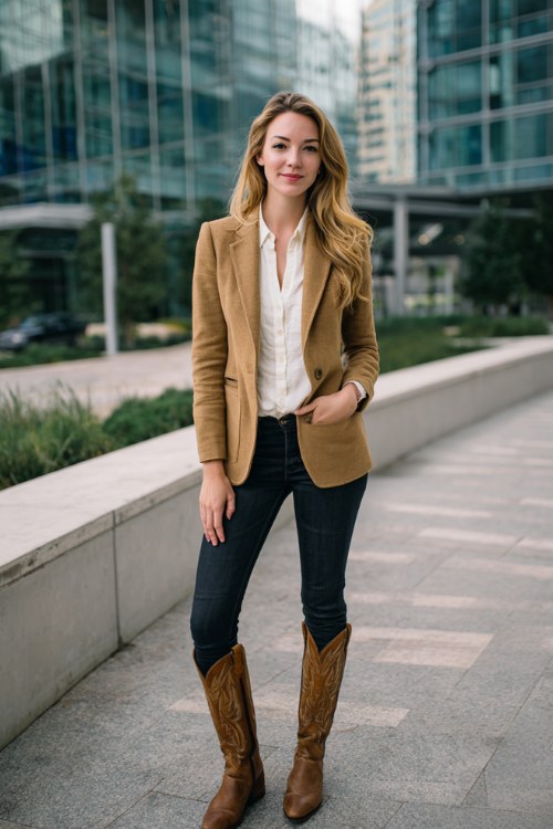 A woman wears a camel blazer over a white blouse and dark skinny jeans tucked into tall brown cowboy boots