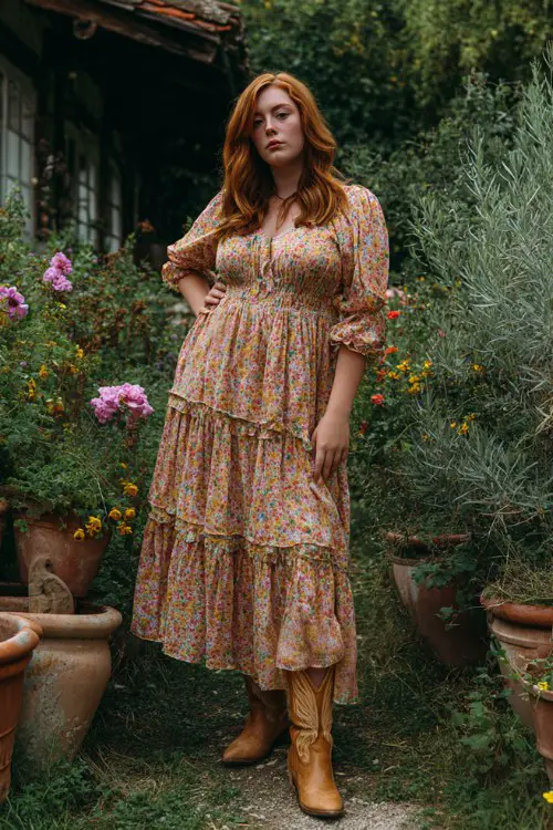 A curvy woman wears a vintage floral tiered maxi dress with layered ruffles and tan cowboy boots