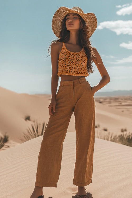 Casual yet stylish woman in a sleeveless crochet top with loose-fitting linen pants, paired with flat leather sandals and a straw hat