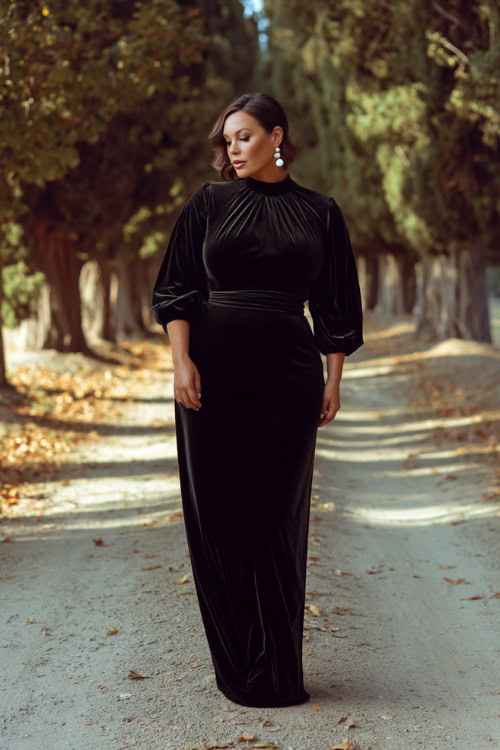 A plus-size woman wears a sleek black velvet gown with long bishop sleeves and a defined waistline, styled with pearl earrings and heels