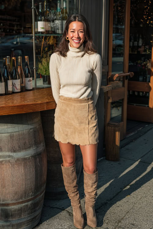 A woman wearing a tan suede mini skirt, cream turtleneck, and knee-high boots, smiling outside a cozy fall wine bar