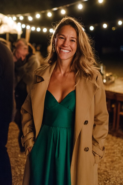 A woman wears an emerald green gown with a chic camel trench coat, smiling under a canopy of fairy lights at an outdoor wedding reception